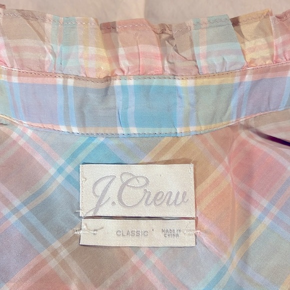 J. Crew Rainbow gingham long sleeve cotton silk blouse w/ ruffle collar and cuff - Picture 3 of 7
